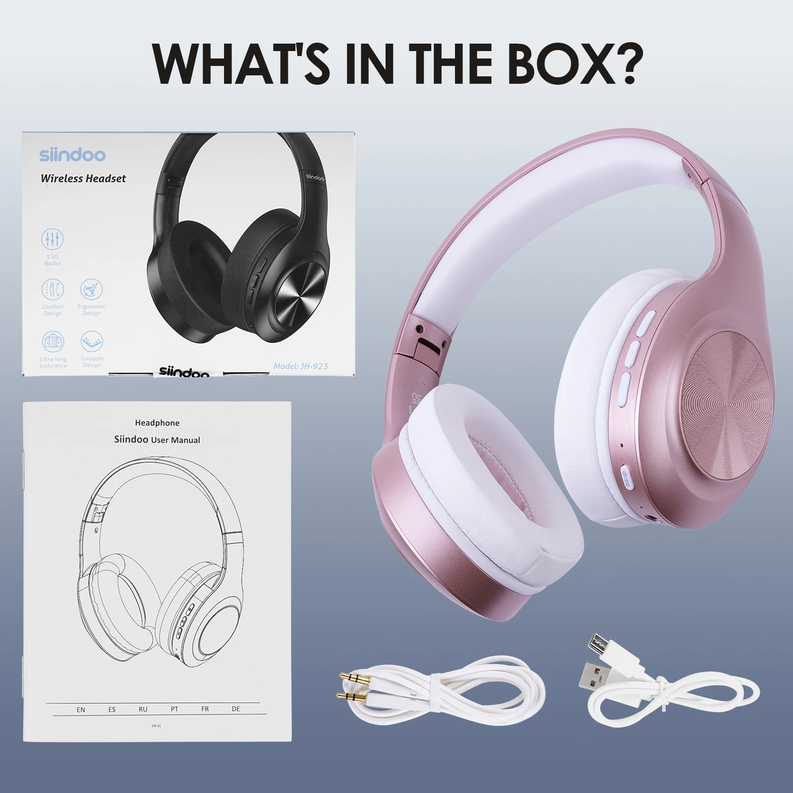 Siindoo JH-923 Wireless Headphones Over Ear,Foldable Bluetooth Headsets,3EQ Sound Modes, Hi-Res Audio with Deep Bass Microphone
