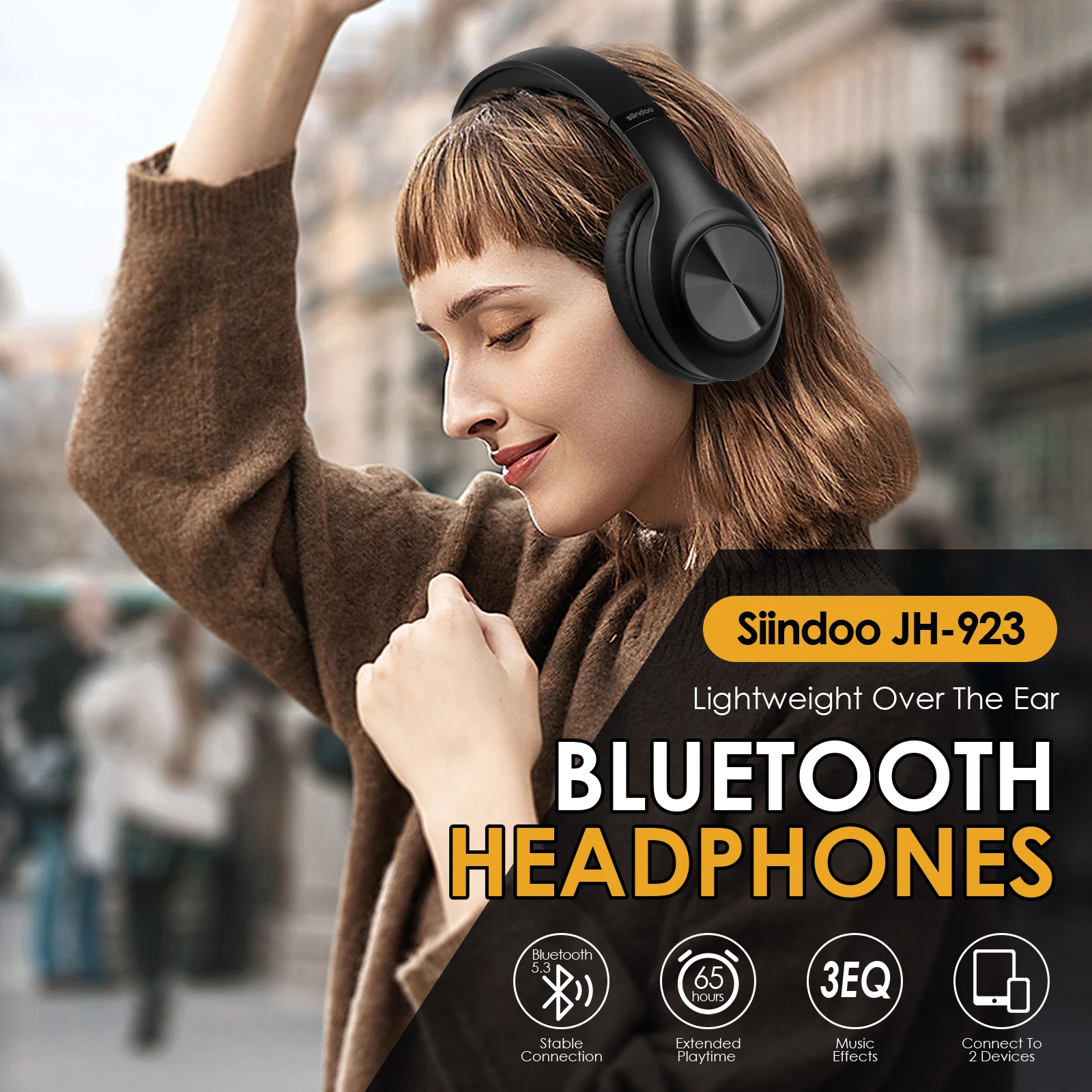 Siindoo JH-923 Wireless Headphones Over Ear,Foldable Bluetooth Headsets,3EQ Sound Modes, Hi-Res Audio with Deep Bass Microphone