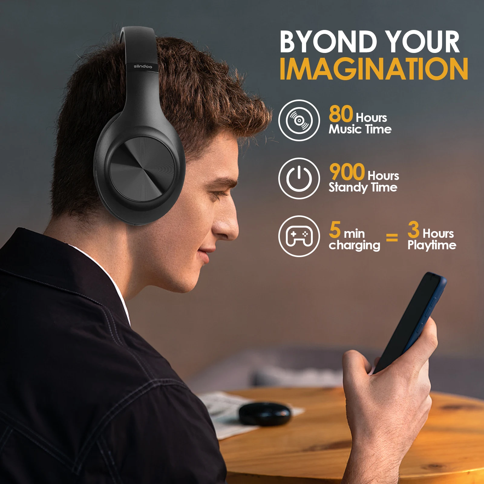 Siindoo JH-923 Wireless Headphones Over Ear,Foldable Bluetooth Headsets,3EQ Sound Modes, Hi-Res Audio with Deep Bass Microphone