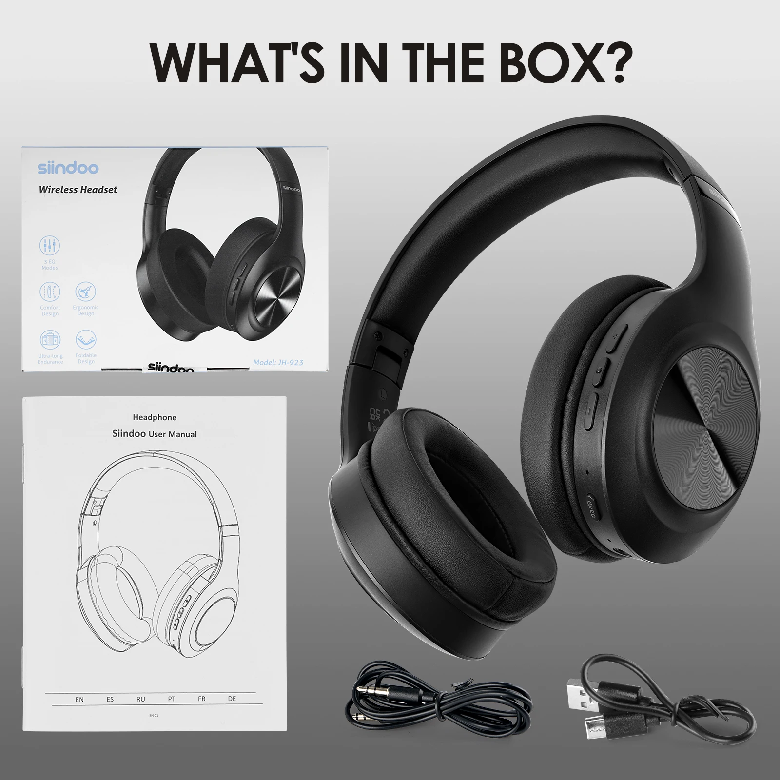 Siindoo JH-923 Wireless Headphones Over Ear,Foldable Bluetooth Headsets,3EQ Sound Modes, Hi-Res Audio with Deep Bass Microphone