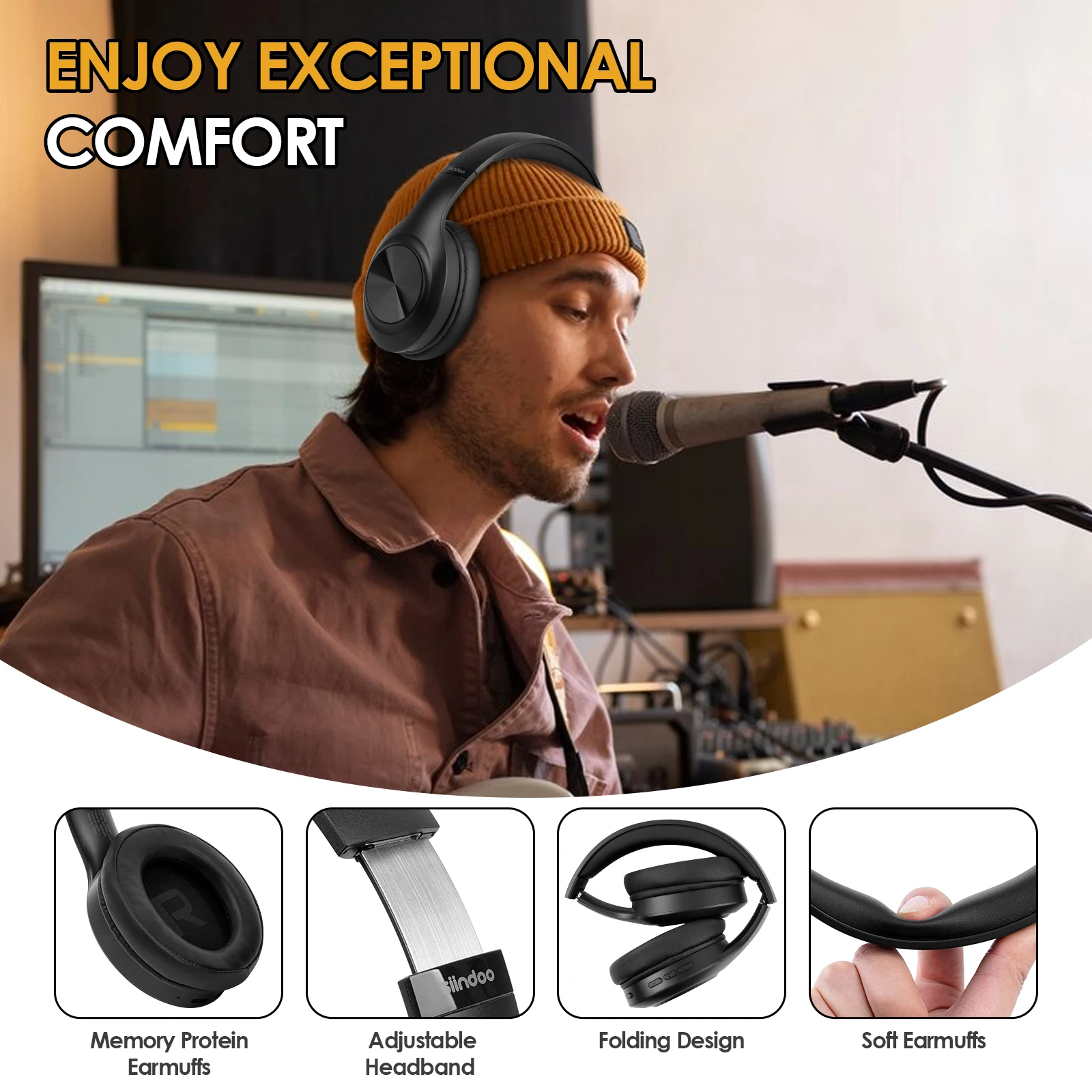 Siindoo JH-923 Wireless Headphones Over Ear,Foldable Bluetooth Headsets,3EQ Sound Modes, Hi-Res Audio with Deep Bass Microphone