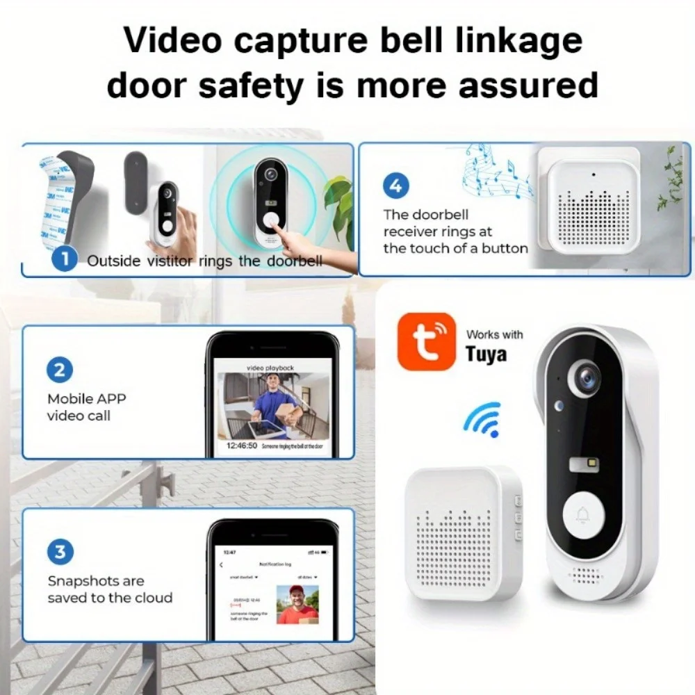 Tuya WiFi Video Doorbell Two-way Audio,Outdoor HD1080P,SD/ Cloud Storage,Motion Detection,Easy To Install Real-time Notification