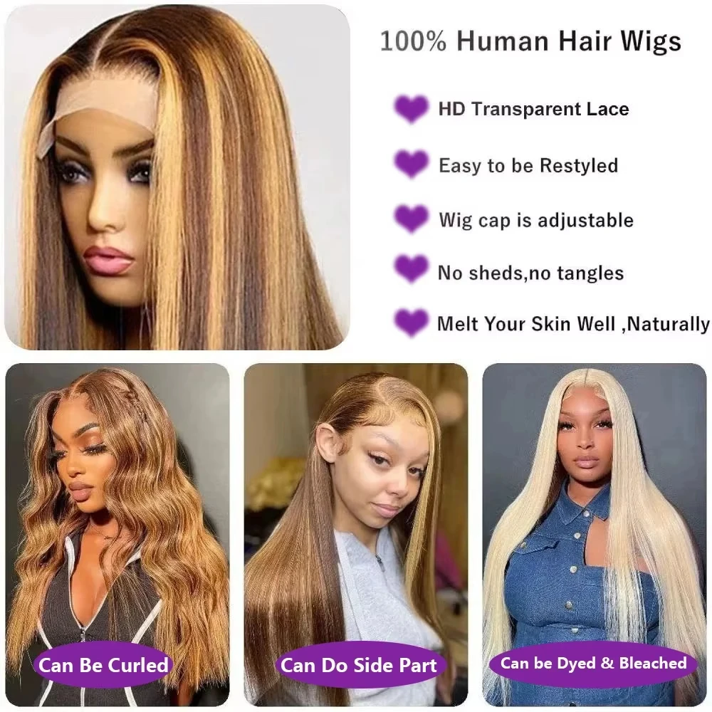 30 Inch Highlight 13x6 Lace Frontal Wig Human Hair 250 Density Highlight Ombre Colored Pre Plucked Human Hair Wigs For Woman