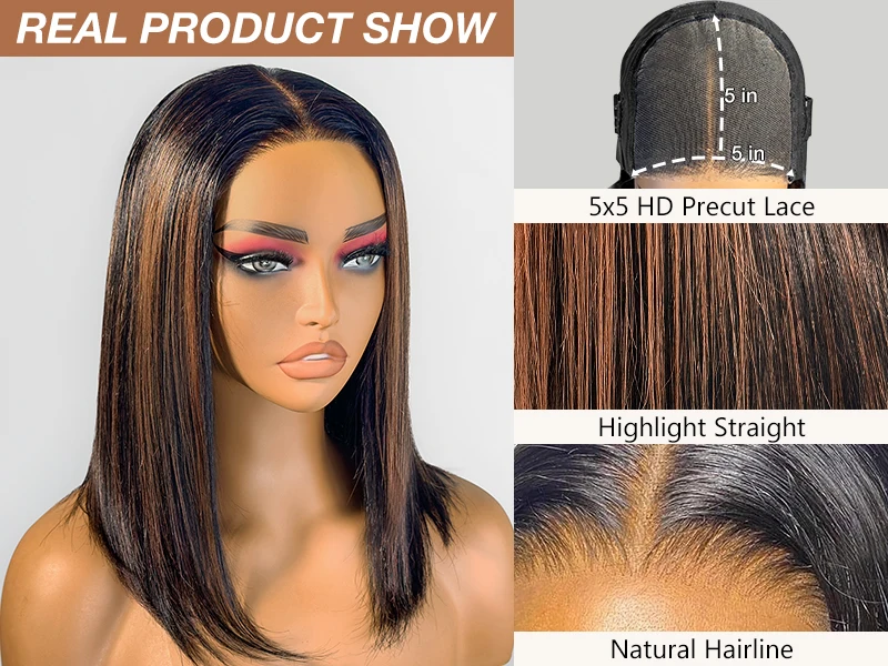 1b/30 Straight Short Bob Wear And Go Glueless Wigs Human Hair Pre Plucked Pre Cut 5x5 Hd Lace Closure Wigs With Natural Hairlin