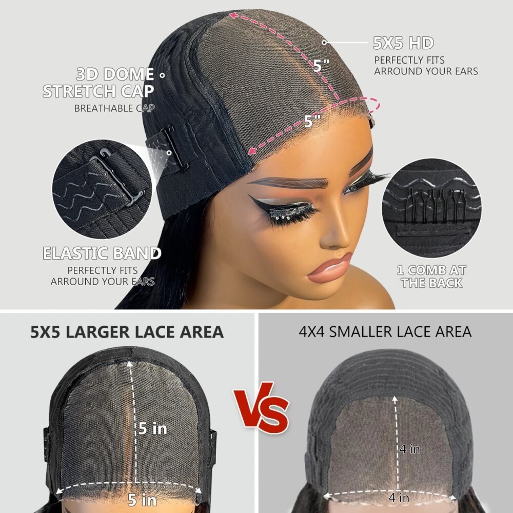 1B/30 Straight Short Bob Glueless Human Hair Wig 5x5 HD Lace - Image 6