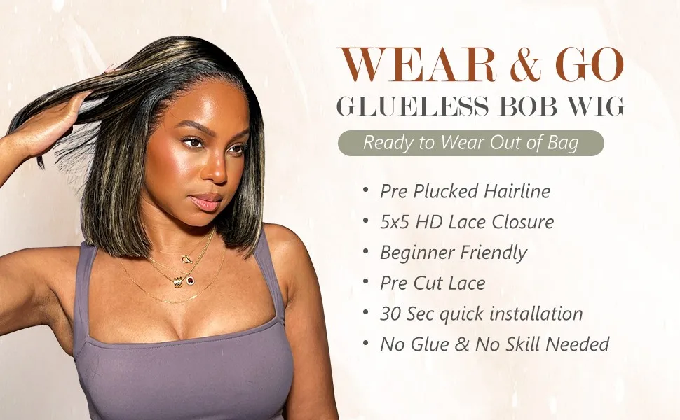 Wear and Go Glueless Bob Wigs Human Hair Pre Plucked Pre Cut P1b/27 10 IN 5x5 HD Lace Closure Wig Highlight 100% Human Hair Wigs