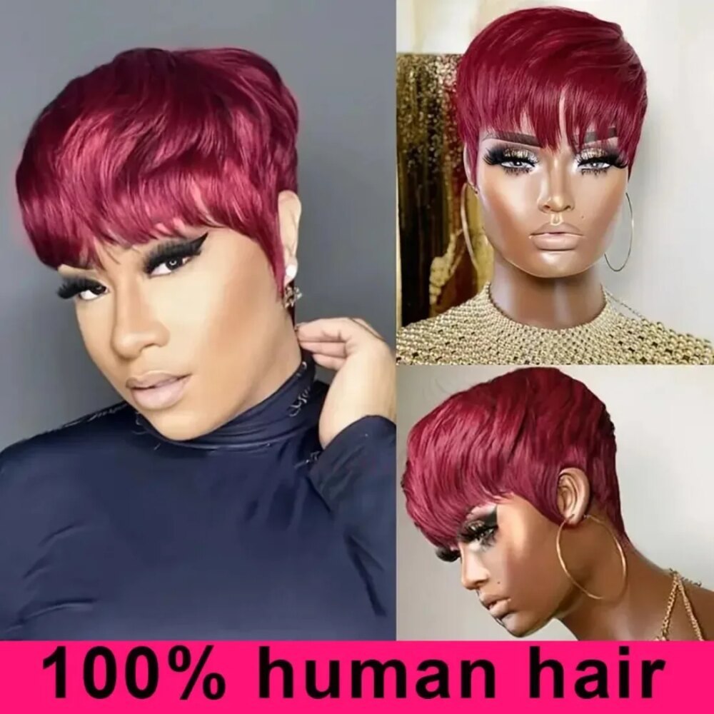 Ombre Orange Pixie Bob Wig with Bangs Human Hair - Image 2