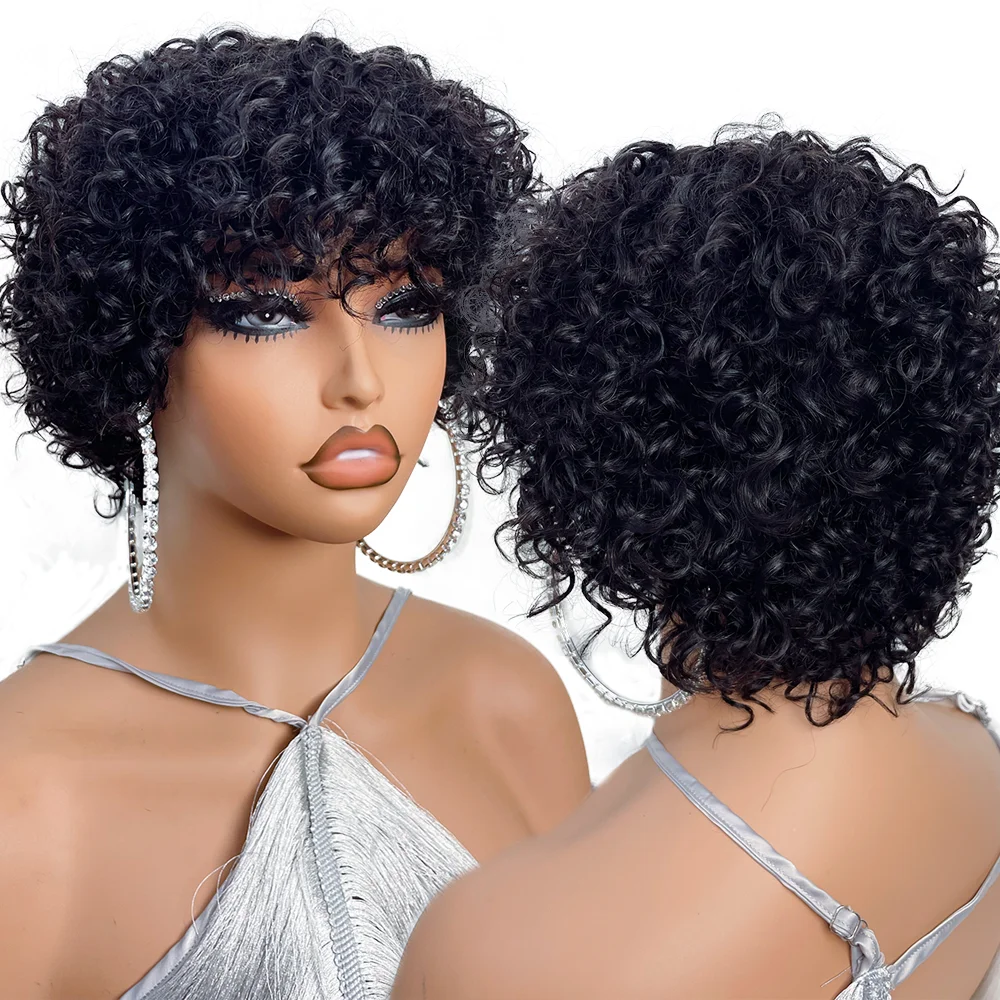 Pixie Cut Human Hair Wig Afro Curly Bob with Bangs Glueless - Image 5
