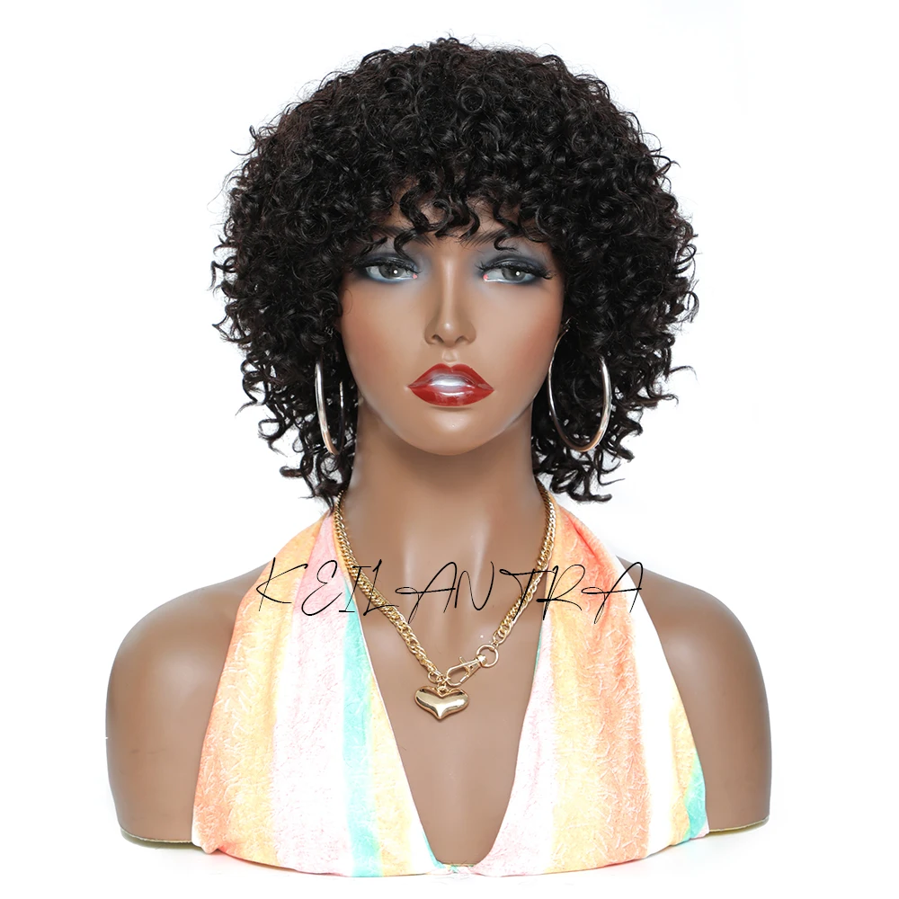 Pixie Cut Human Hair Wigs For Black Women Afro Rose Curly Funmi Glueless Wigs with Bangs Short Bouncy Curly Bob Wig With Bangs