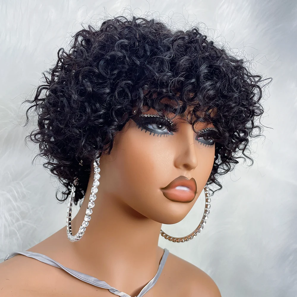 Pixie Cut Human Hair Wig Afro Curly Bob with Bangs Glueless
