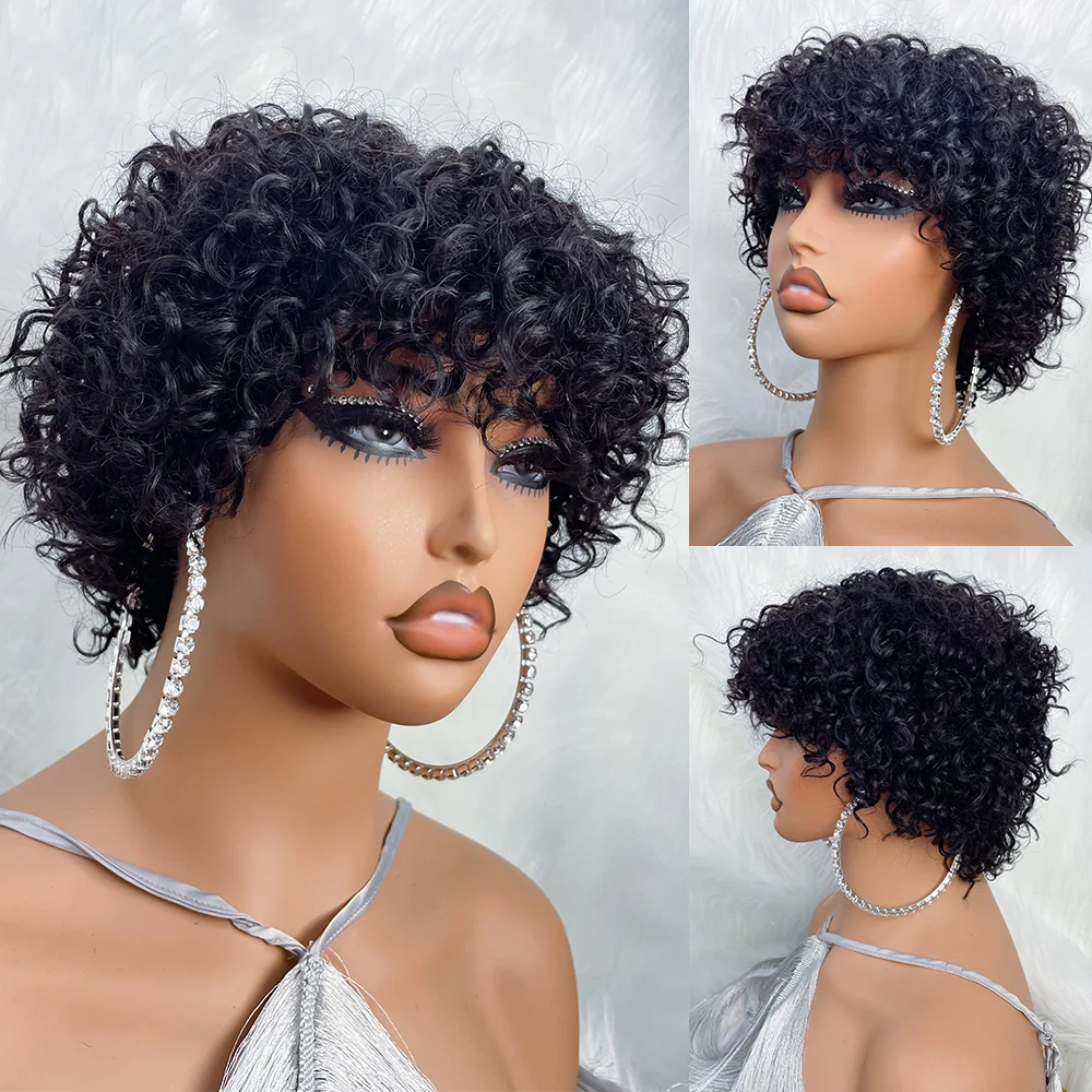 Pixie Cut Human Hair Wig Afro Curly Bob with Bangs Glueless - Image 6