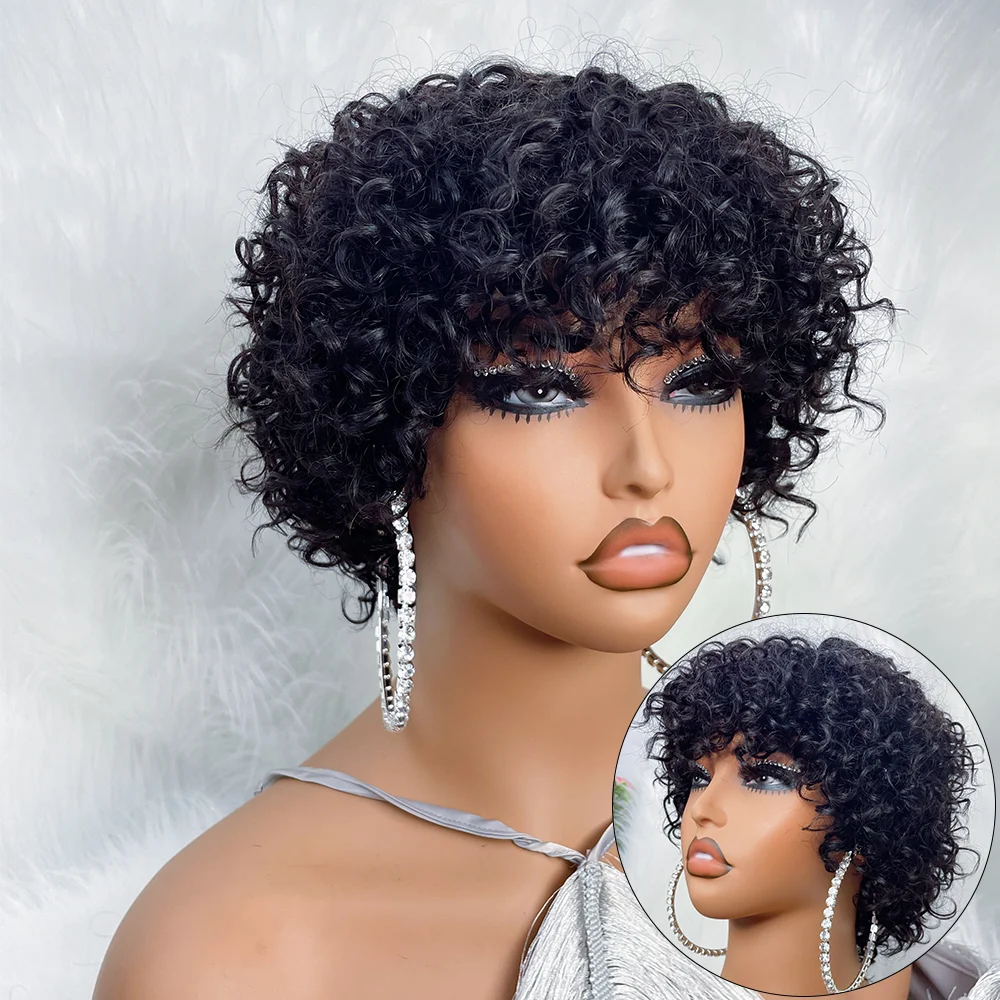 Pixie Cut Human Hair Wig Afro Curly Bob with Bangs Glueless - Image 4