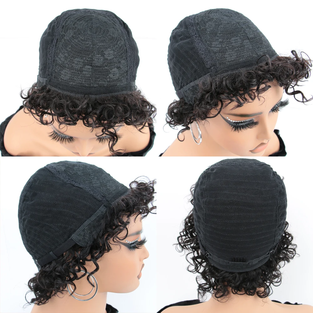 Pixie Cut Human Hair Wigs For Black Women Afro Rose Curly Funmi Glueless Wigs with Bangs Short Bouncy Curly Bob Wig With Bangs