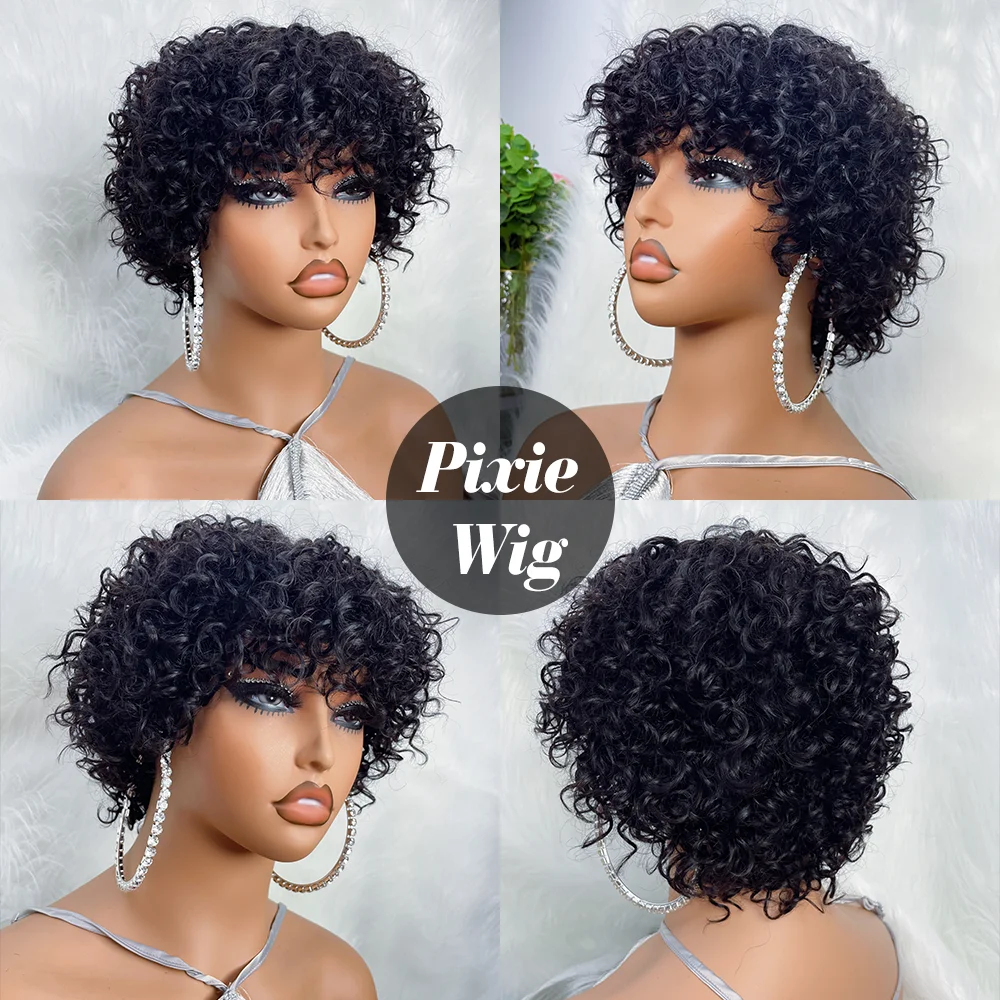 Pixie Cut Human Hair Wig Afro Curly Bob with Bangs Glueless - Image 3
