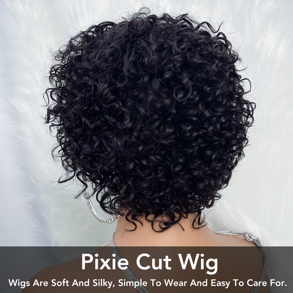 Pixie Cut Human Hair Wig Afro Curly Bob with Bangs Glueless - Image 2