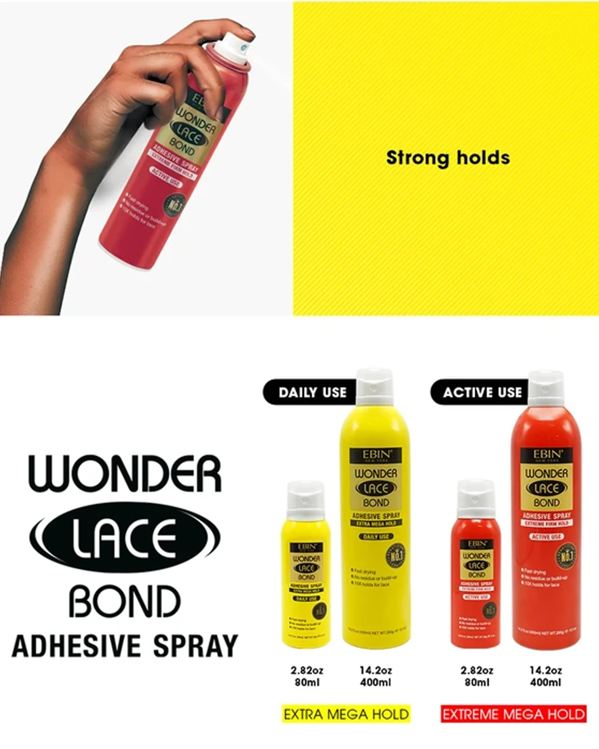 Ebin New York Wonder Lace Bond Adhesive Melting Spray Extra Mega Hold Daily Use - Long lasting Hold, Ideal for Lace Wigs