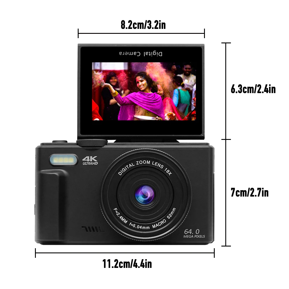 4K Digital Camera for Photography and 18X Digital Zoom Camera 64MP Compact Vlogging Camera 3'' 180° Flip Screen with Flash