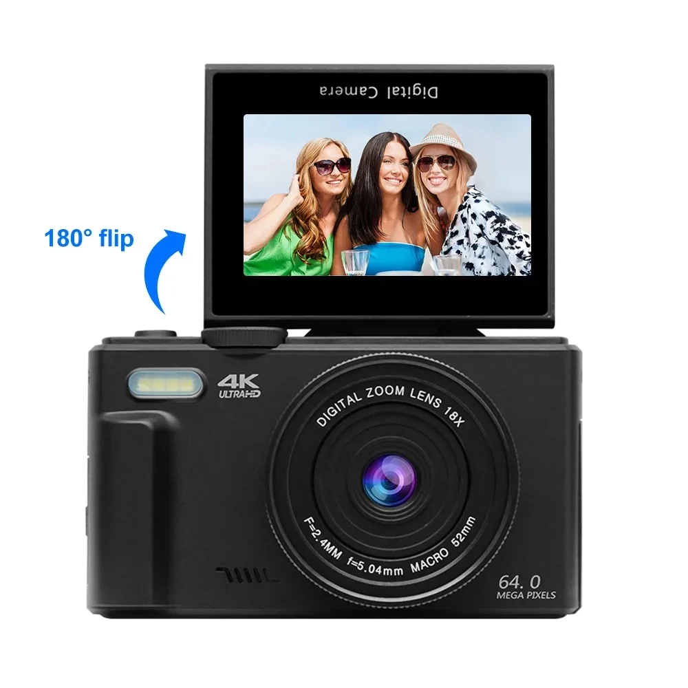 4K Digital Camera for Photography and 18X Digital Zoom Camera 64MP Compact Vlogging Camera 3'' 180° Flip Screen with Flash
