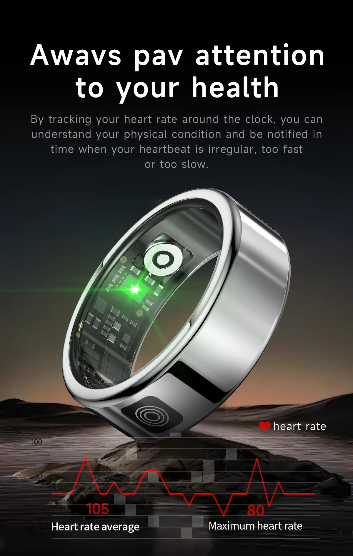SR08 Stainless Steel Smart Ring with Digital Display, Black, Golden or Silvery