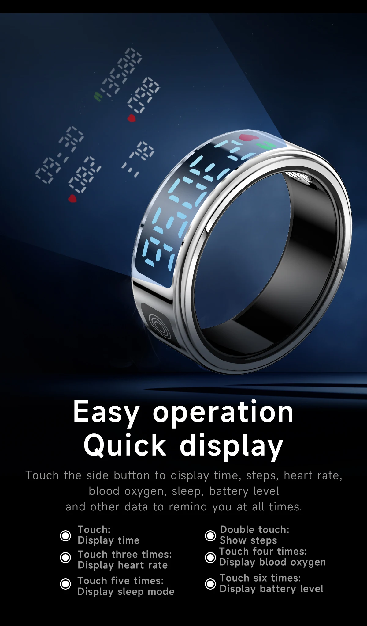 SR08 Stainless Steel Smart Ring with Digital Display, Black, Golden or Silvery