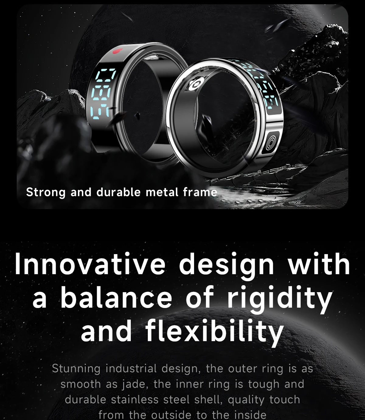 SR08 Stainless Steel Smart Ring with Digital Display, Black, Golden or Silvery