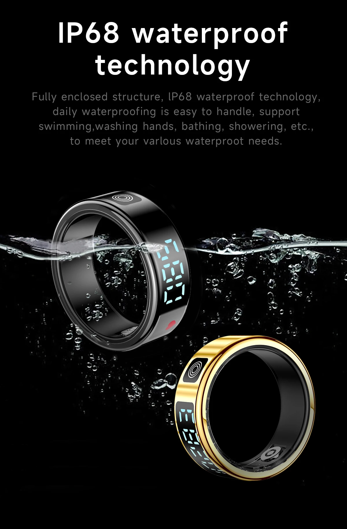 SR08 Stainless Steel Smart Ring with Digital Display, Black, Golden or Silvery