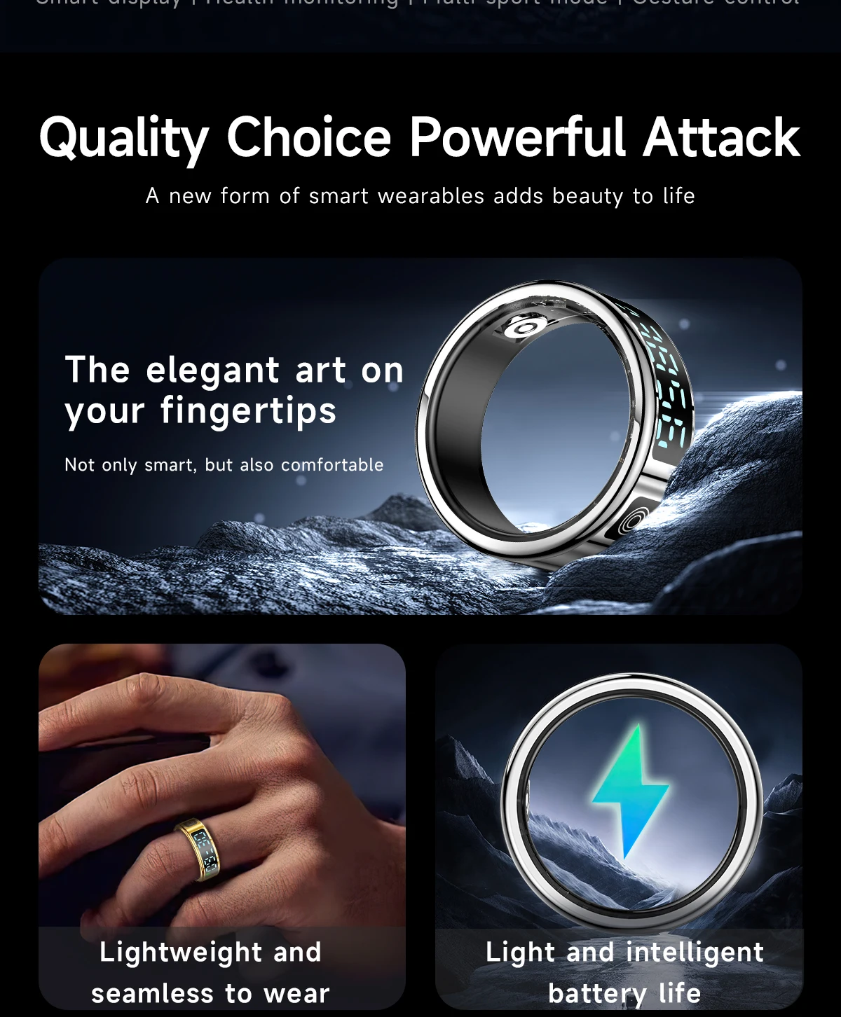 SR08 Stainless Steel Smart Ring with Digital Display, Black, Golden or Silvery