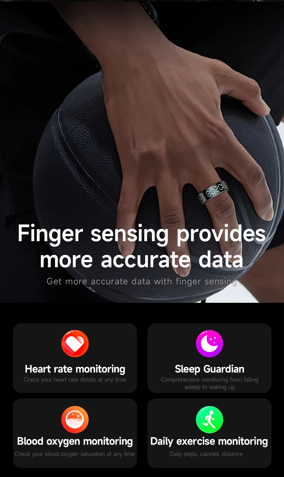 SR08 Stainless Steel Smart Ring with Digital Display, Black, Golden or Silvery