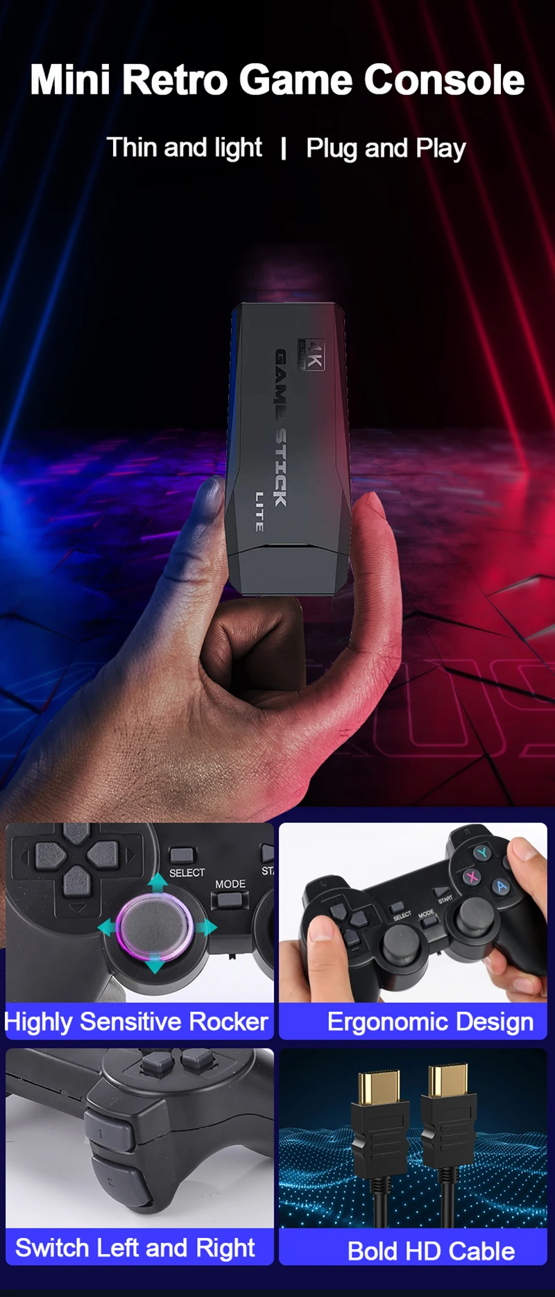 Video Game Console TV HD Game Stick 4K 128 GB 20000 Retro Games For PS1/GBA/Dendy/MAME/SEGA Everdrive Save/Search/Adding