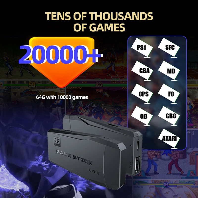 Video Game Console TV HD Game Stick 4K 128 GB 20000 Retro Games For PS1/GBA/Dendy/MAME/SEGA Everdrive Save/Search/Adding