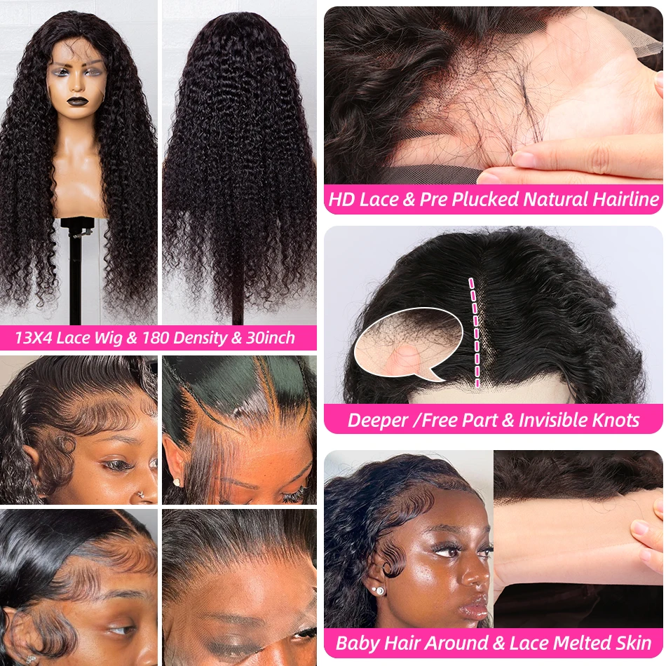 Luvin 40 Inch Deep Wave 13x6 HD Transparent Lace Frontal Human Hair Wigs 220 Density Remy 13x4 Water Curly Front Wig For Women