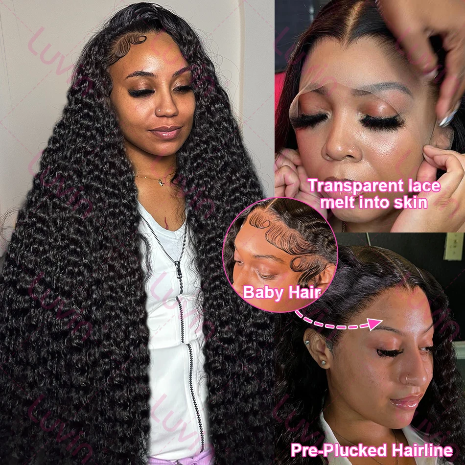 Luvin 40 Inch Deep Wave 13x6 HD Transparent Lace Frontal Human Hair Wigs 220 Density Remy 13x4 Water Curly Front Wig For Women