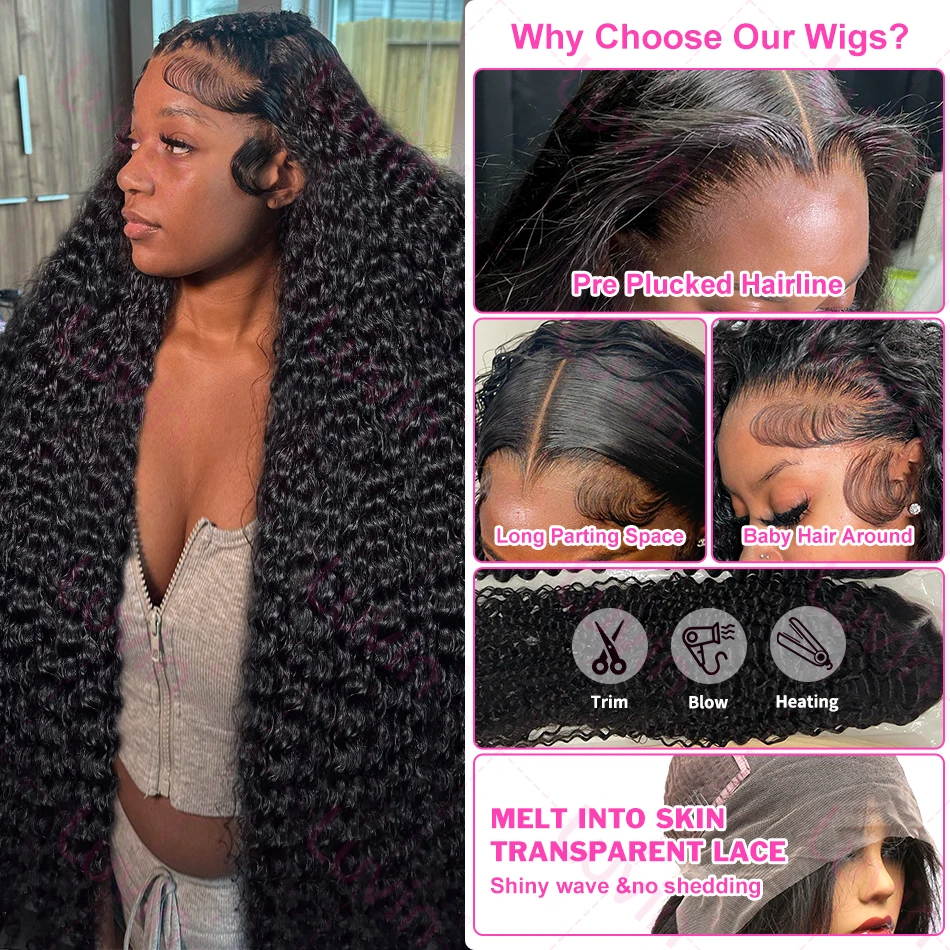 Luvin 40 Inch Deep Wave 13x6 HD Transparent Lace Frontal Human Hair Wigs 220 Density Remy 13x4 Water Curly Front Wig For Women