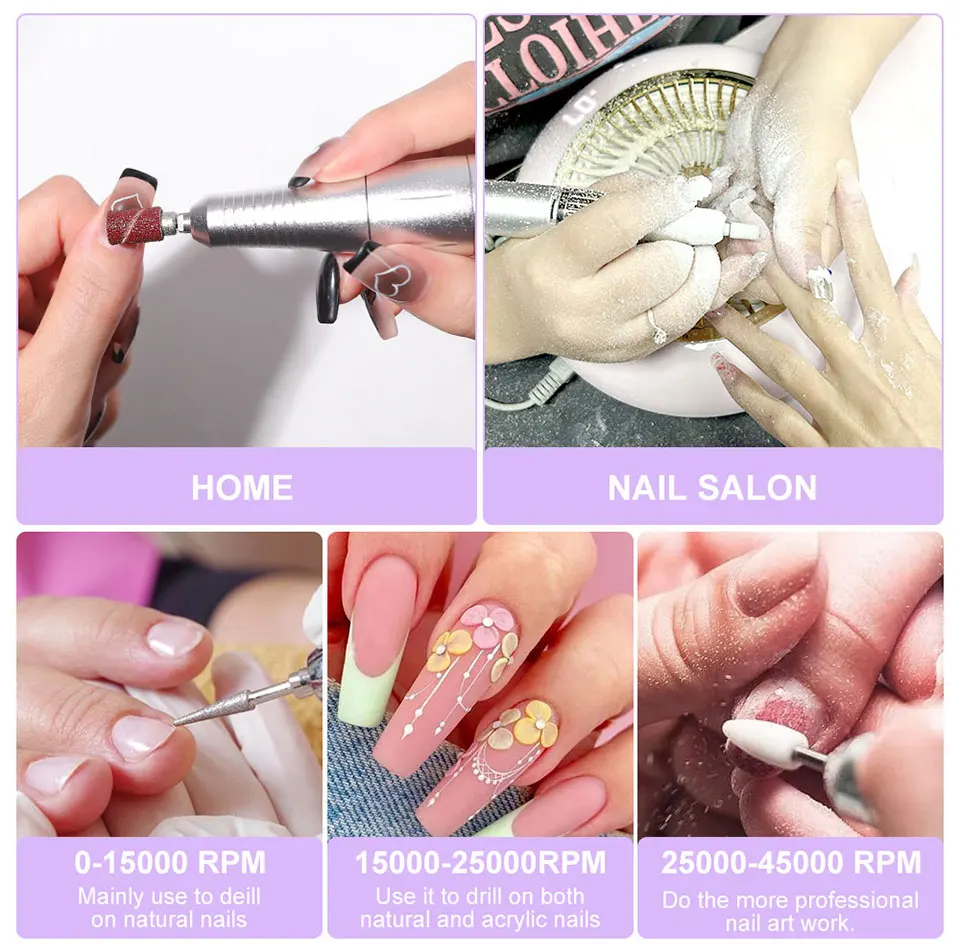 Nail Drill 45000 RPM Rechargeable Nails Electric File for Acrylic Gel Removing & Polishing Gel for Home/Salon Manicure Pedicure